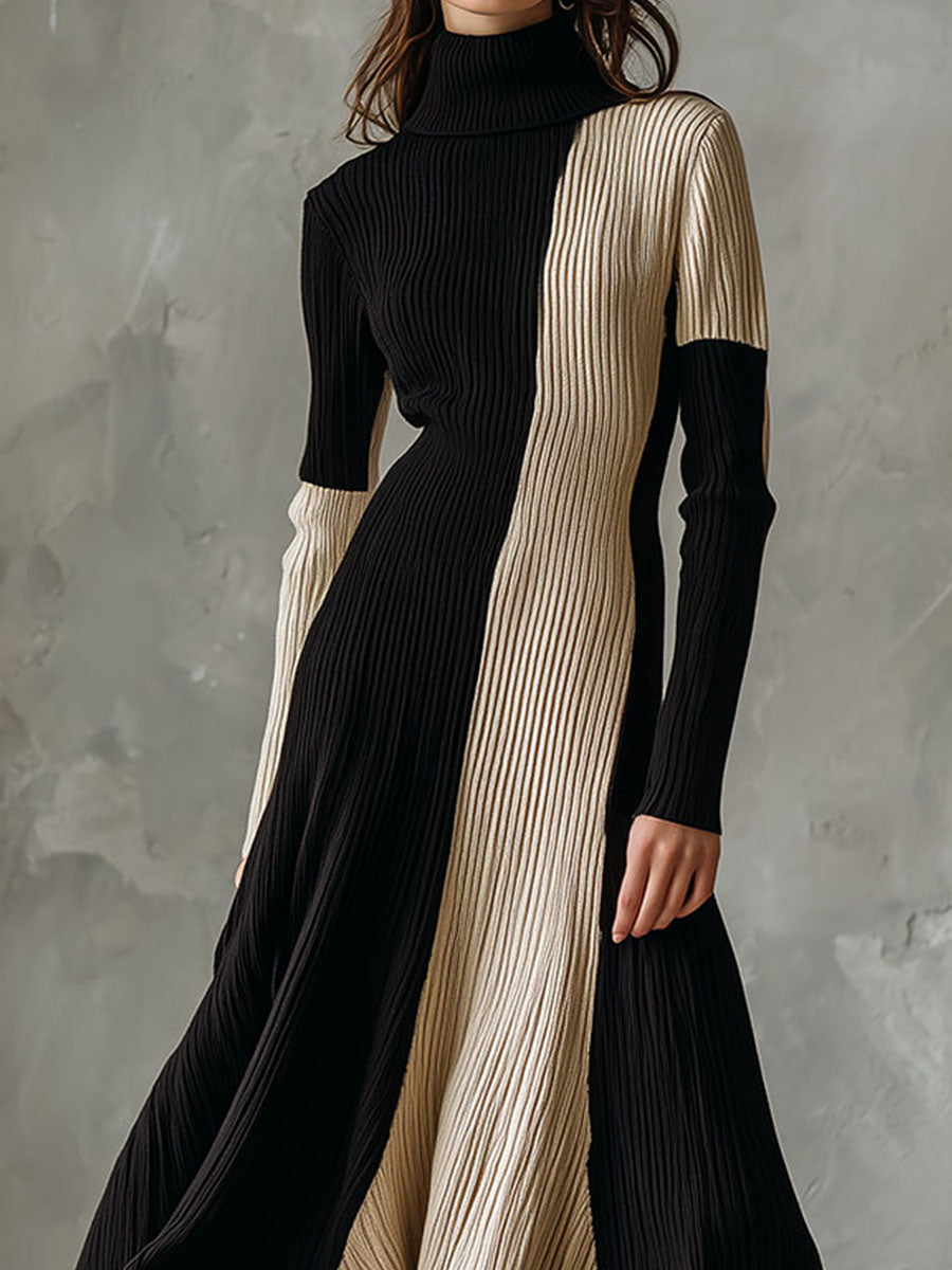 High Neck Color Block Ribbed Knit Fit-and-Flare Midi Dress