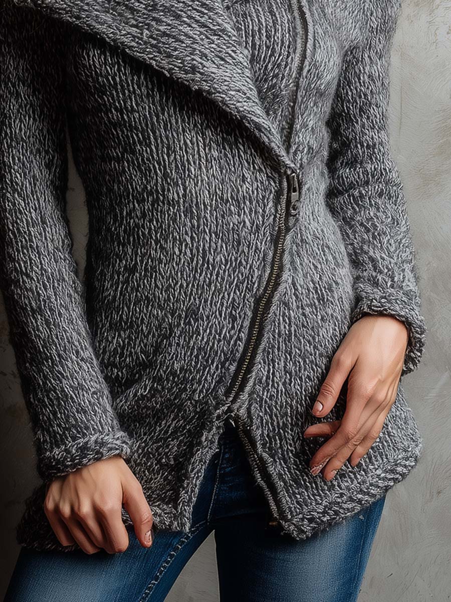 Retro Contrast Color Diagonal Zipper Placket Knit Jacket