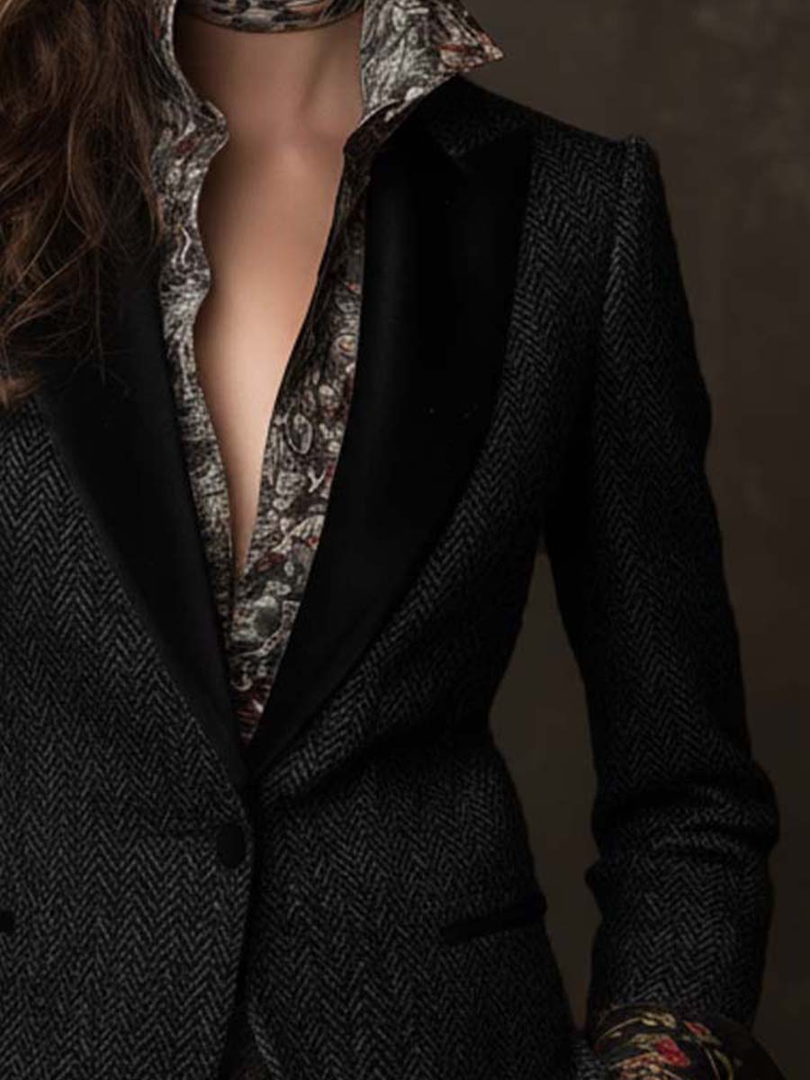 Chenille Herringbone Blazer With Velvet Lapels And Floral Contrast Cuffs