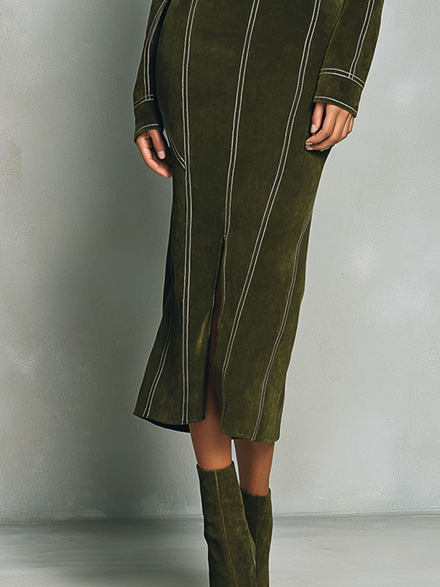 High Neck Zip-Up Olive Green Midi Dress With Contrast Stitching
