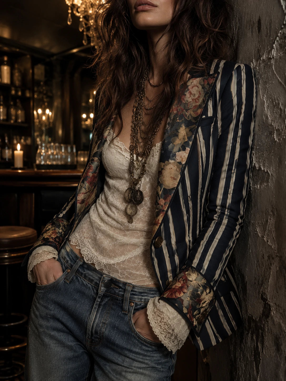 Bohemian Floral Print Cotton And Linen Striped Blazer