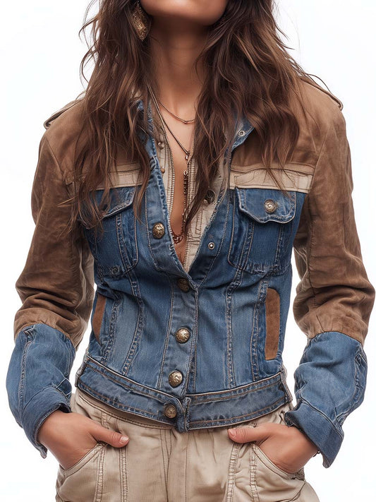 Color-Block Denim And Suede Moto Jacket