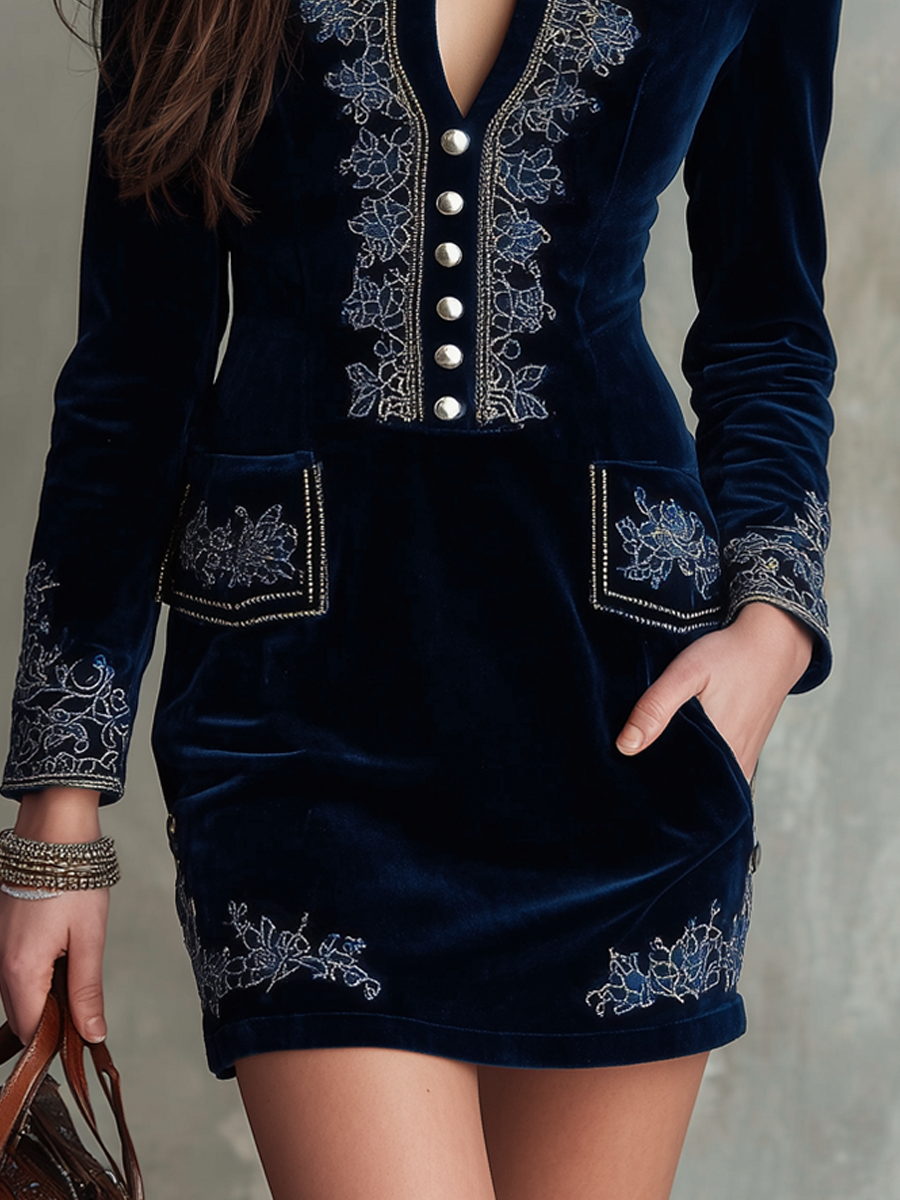Vintage Embroidered Fitted Polyester Velvet Mini Dress