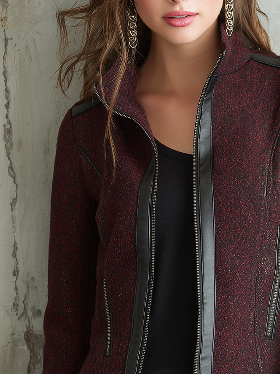 Vintage Eco-leather Trim Zipper Tweed Jacket