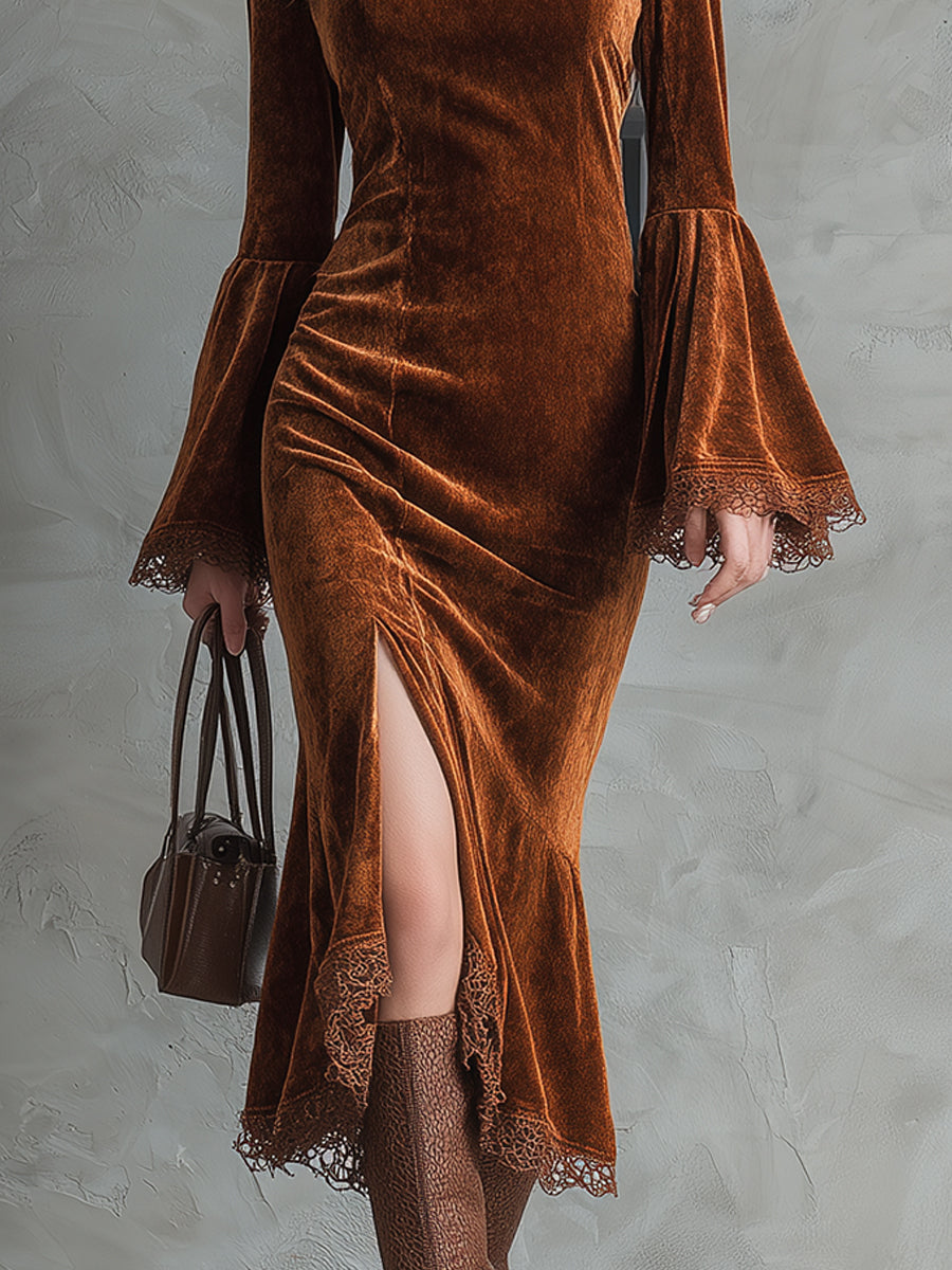 Elegant Velvet Keyhole Collar Lace Bell Sleeves Slit Hem Midi Dress