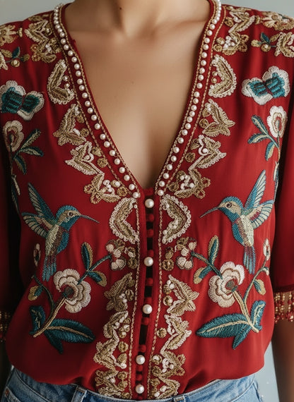 Elegant Embroidered V-Neck Blouse - Hummingbird & Floral Design