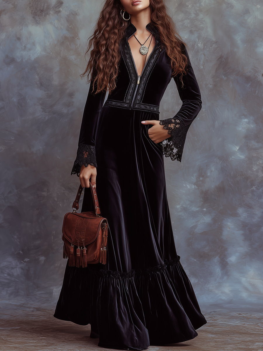 Vintage Embroidered Trim Lace Cuffs Polyester Velvet Maxi Dress