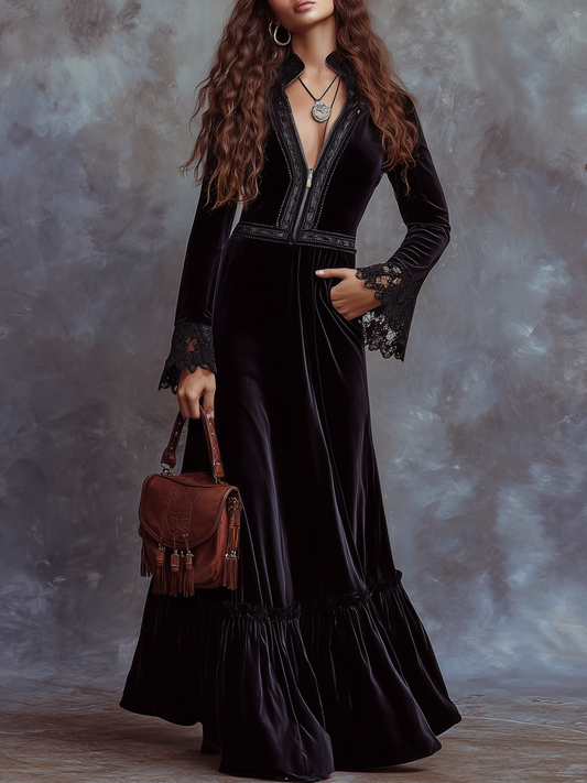 Vintage Embroidered Trim Lace Cuffs Polyester Velvet Maxi Dress