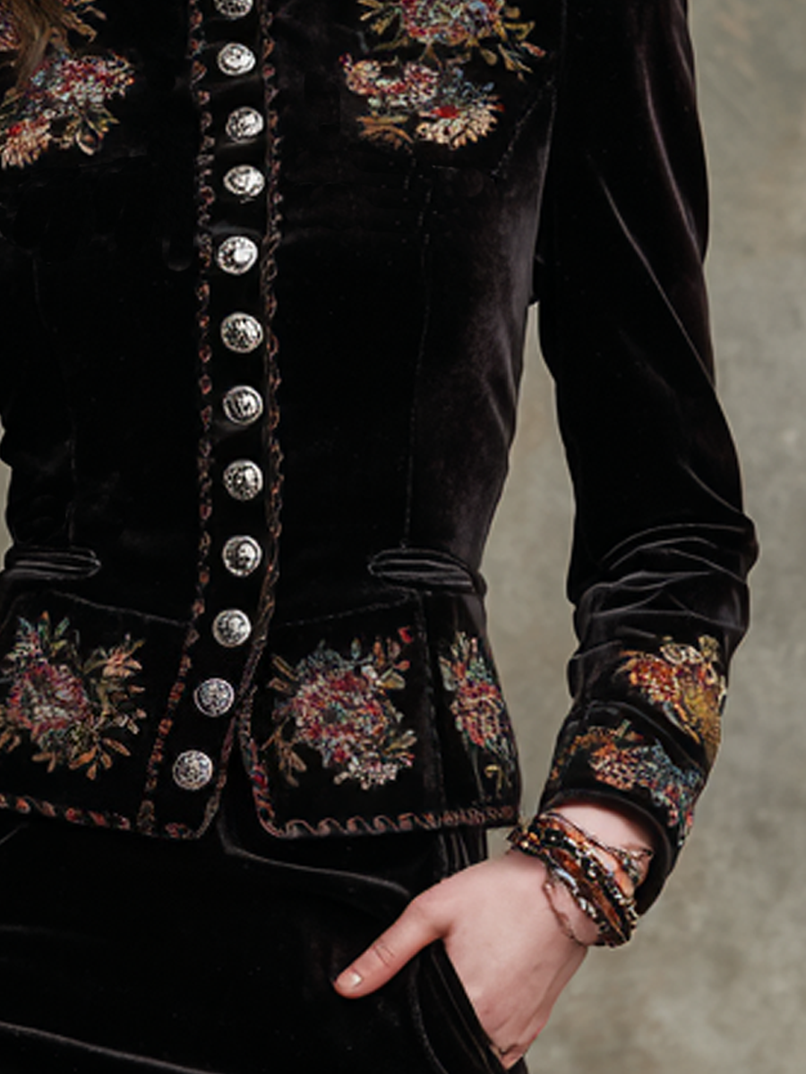 Vintage Embroidered Polyester Velvet Slim Jacket
