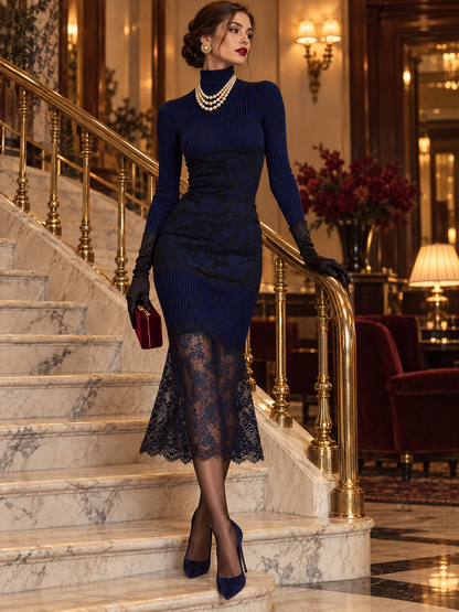 Navy Ribbed Knit Sheer Scalloped Lace Hem Turtleneck Midi Dress