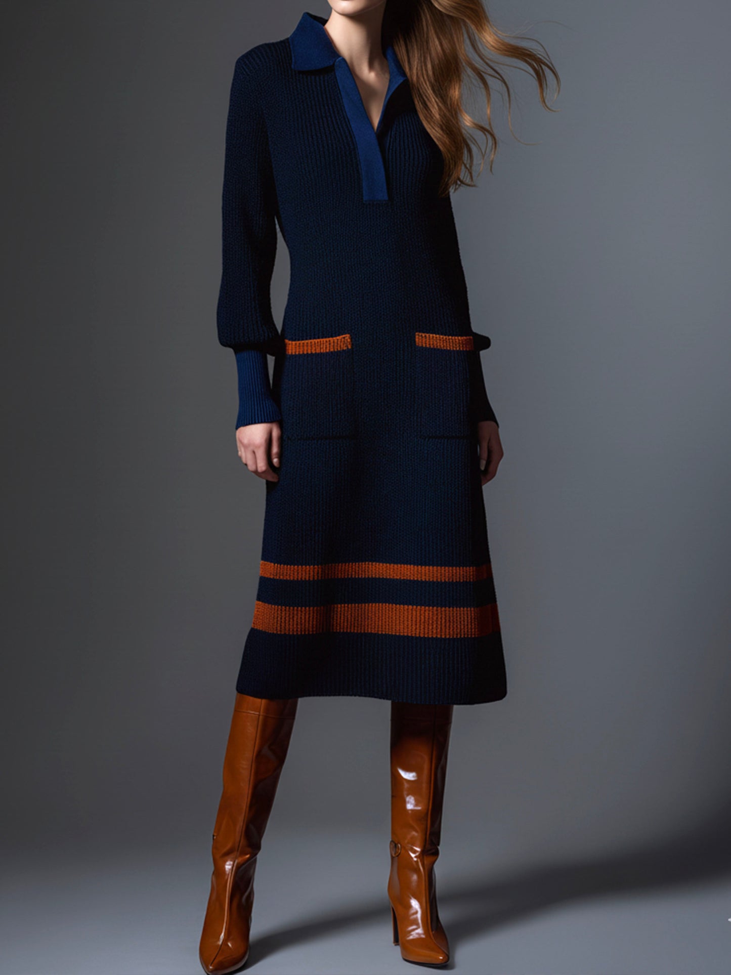 Navy Knit Contrast Orange Stripes Polo Midi Dress With Pockets