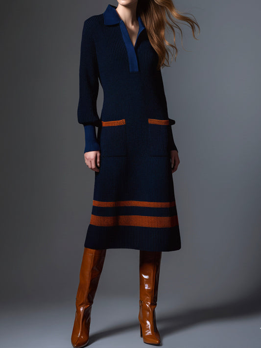 Navy Knit Contrast Orange Stripes Polo Midi Dress With Pockets