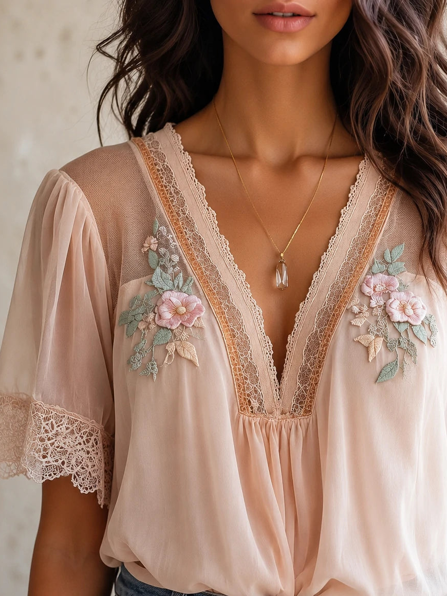 Boho Floral Embroidered Chiffon Blouse — Puff Sleeve V-Neck Top