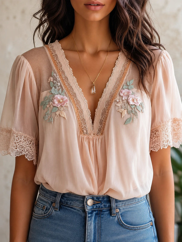 Boho Delicate Lace Floral Embroidered Chiffon Blouse