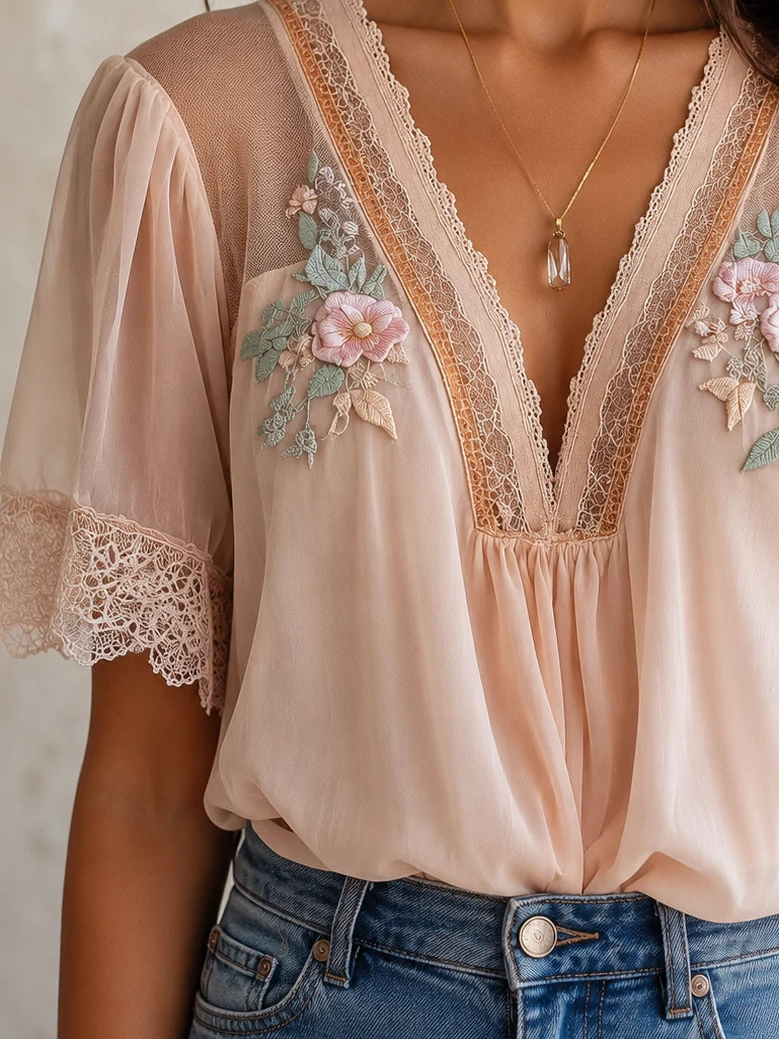 Boho Floral Embroidered Chiffon Blouse — Puff Sleeve V-Neck Top