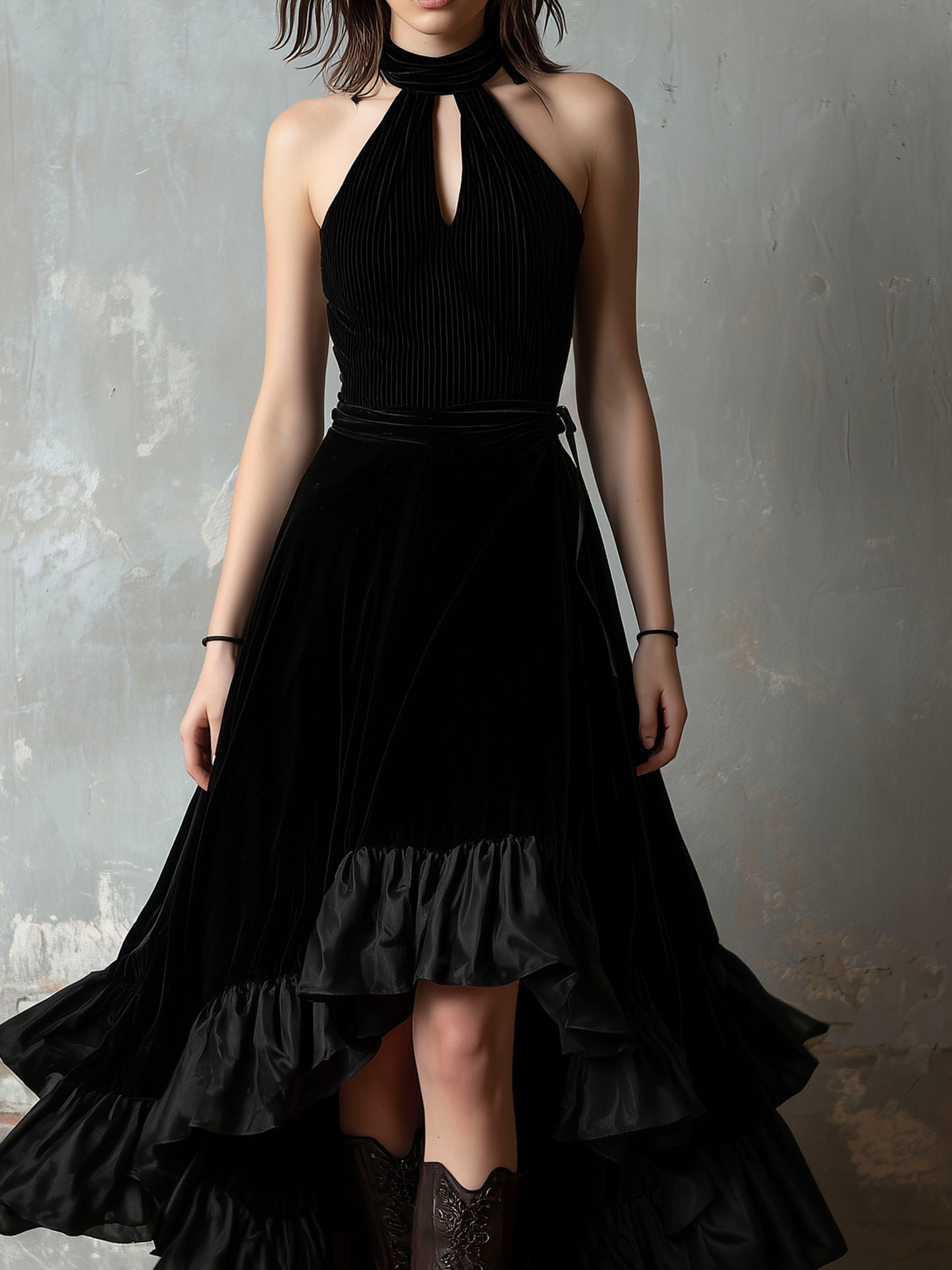 Halter Keyhole Neckline Velvet High-Low Dress With Ruffled Hem