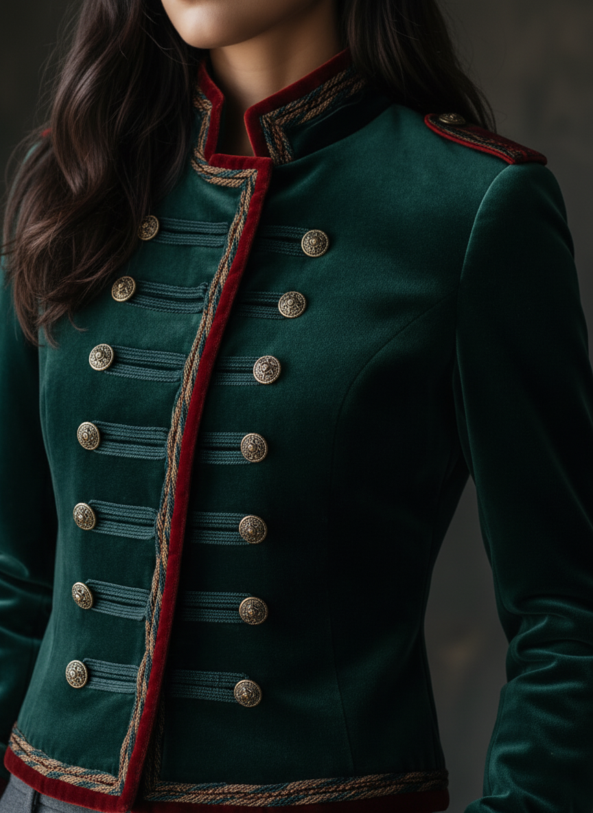 Elegant Emerald Velvet Military Style Jacket with Gold Buttons