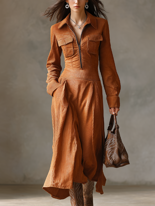 Retro Zipper Collar Pocket Midi Dress