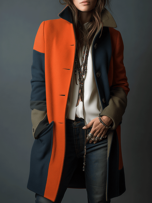 Modern Patchwork Colorblock Wool Orange & Navy Coat