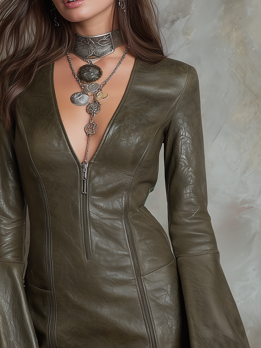 Retro V-neck Zipper Bell Sleeves Eco-friendly Leather Mini Dress