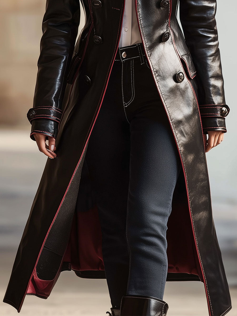 Retro PU Lapel Double-breasted Long Coat