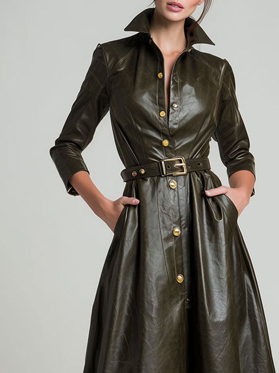 Elegant Olive Eco Leather Fit-and-Flare Midi Shirt Dress