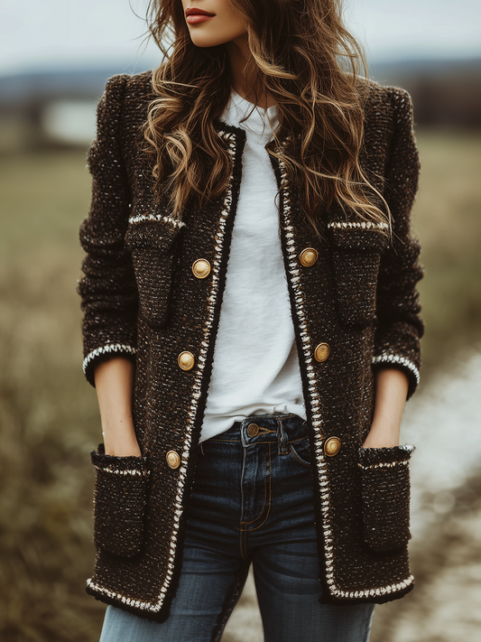 Vintage Contrast Trim Chanel Style Mid-Length Jacket