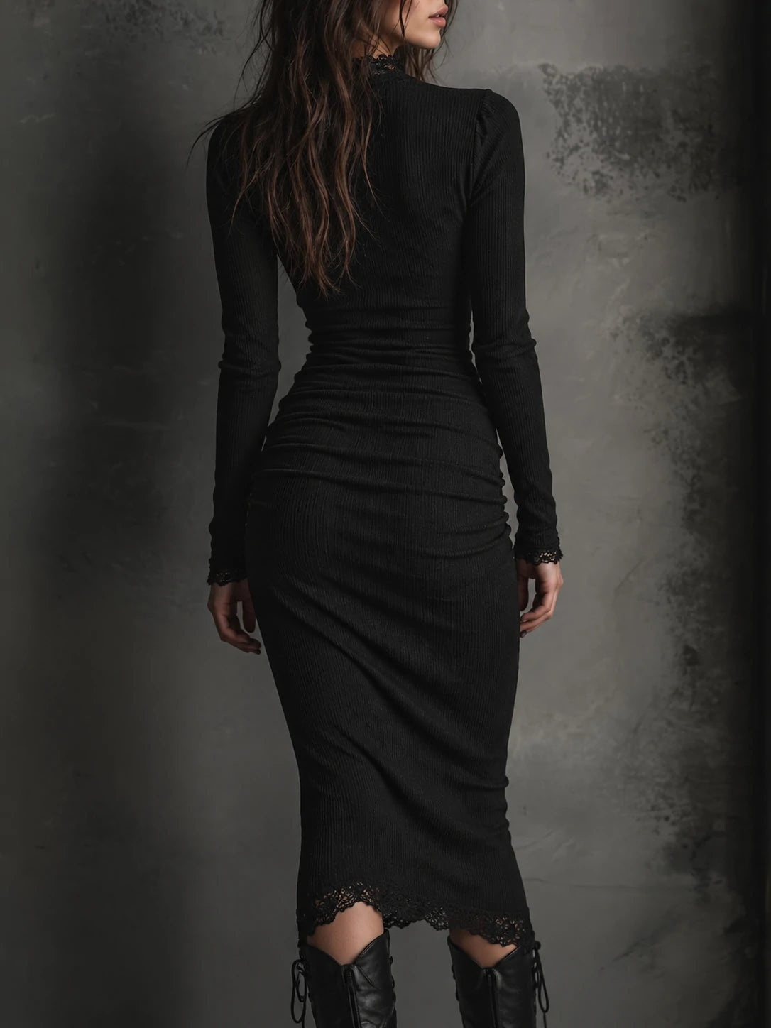 Basic Versatile Bottoming Lace Patchwork Stretch Knit Midi Dress