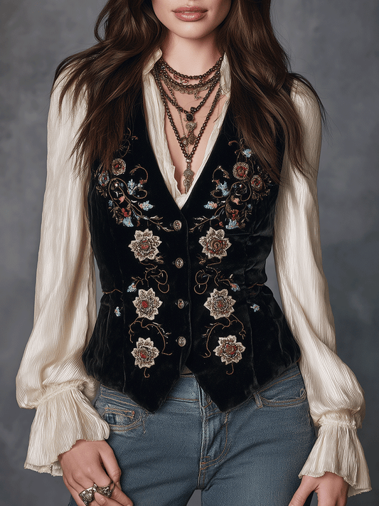 Bohemian Rose Embroidery Fitted Velvet Waistcoat