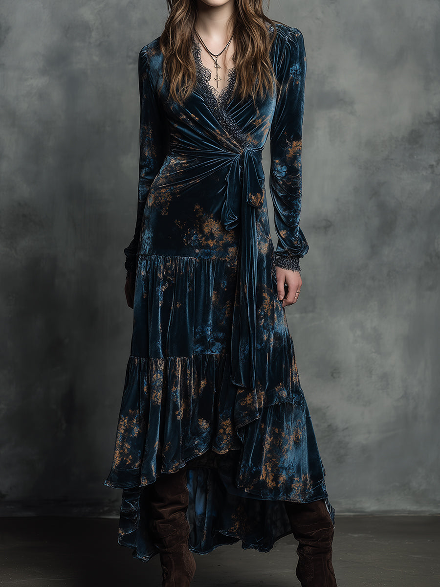 Quiet-boho Azure Mirage Velvet Wrap Maxi Dress