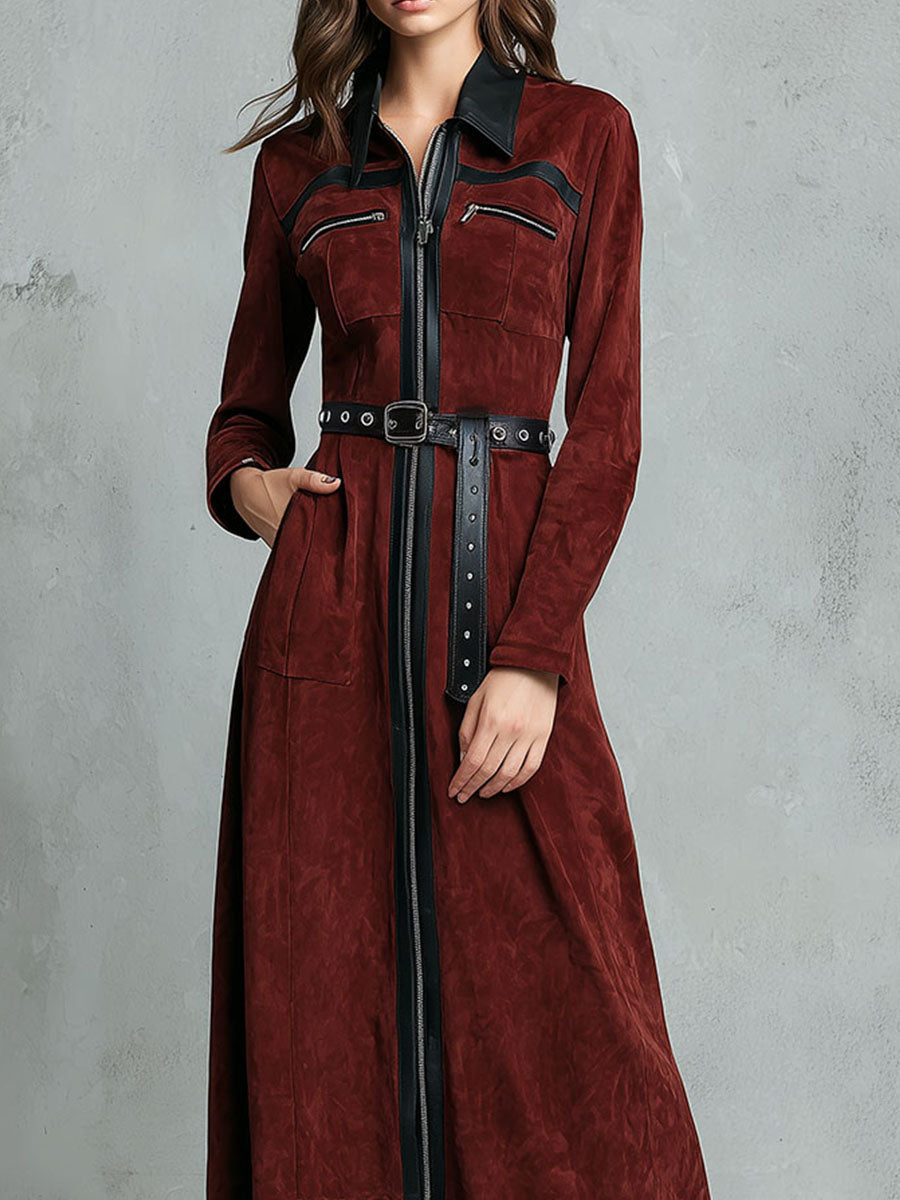 Contrast Trim Burgundy Eco Suede Maxi Dress With Zipper And Belt