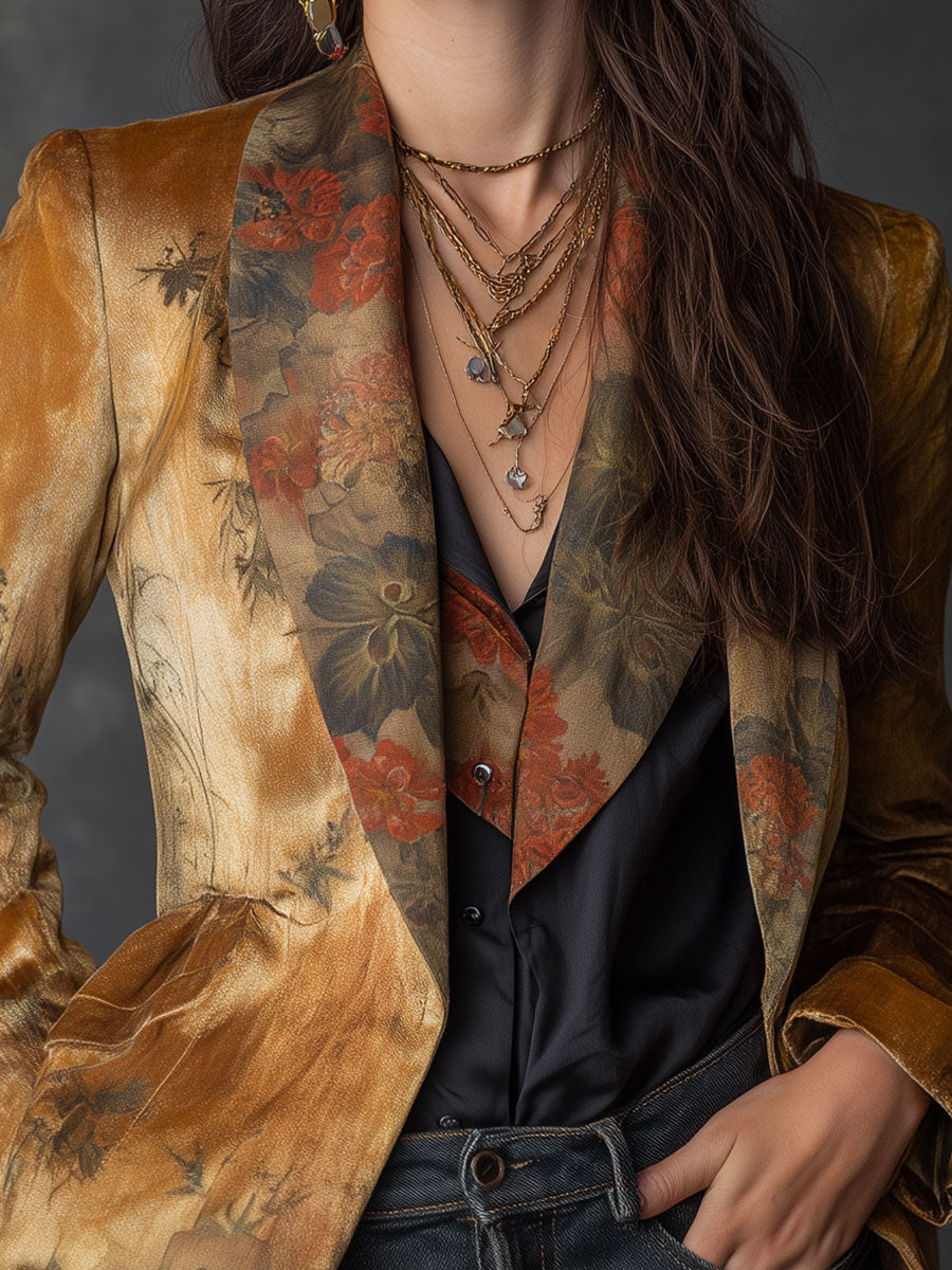 Vintage Suede Oil Painting Flower Print Lapel Blazer