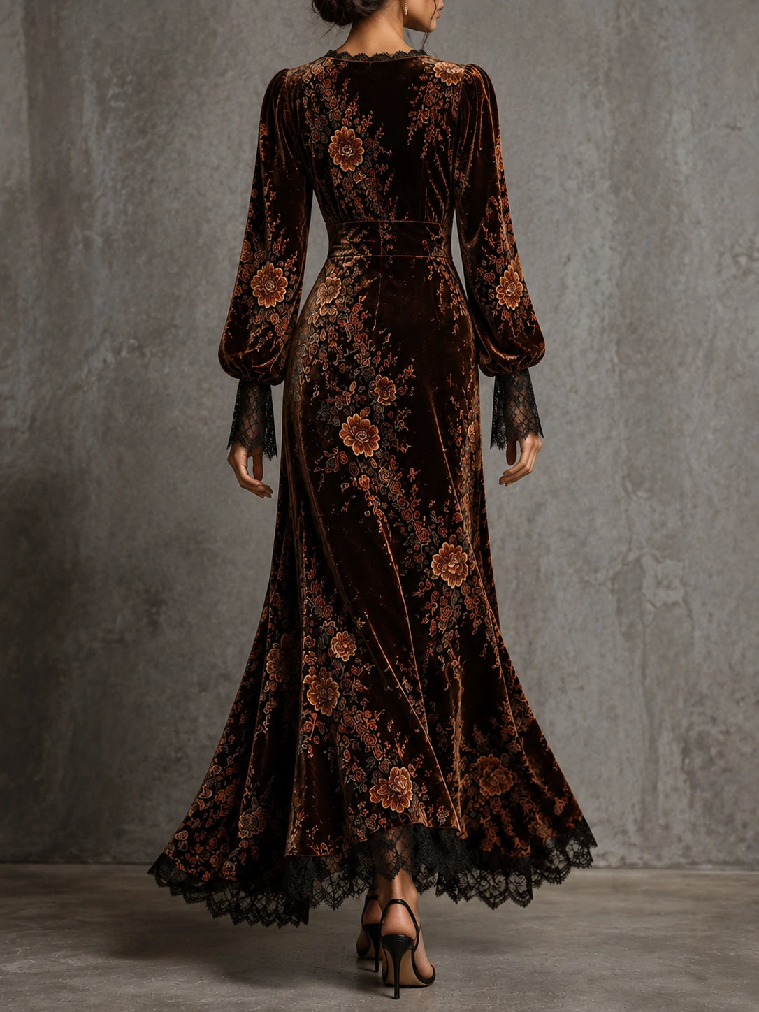 Vintage Velvet Floral Lace V Neck Puff Sleeve Evening Dress