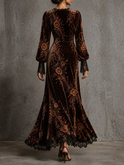 Vintage Velvet Floral Lace V Neck Puff Sleeve Evening Dress