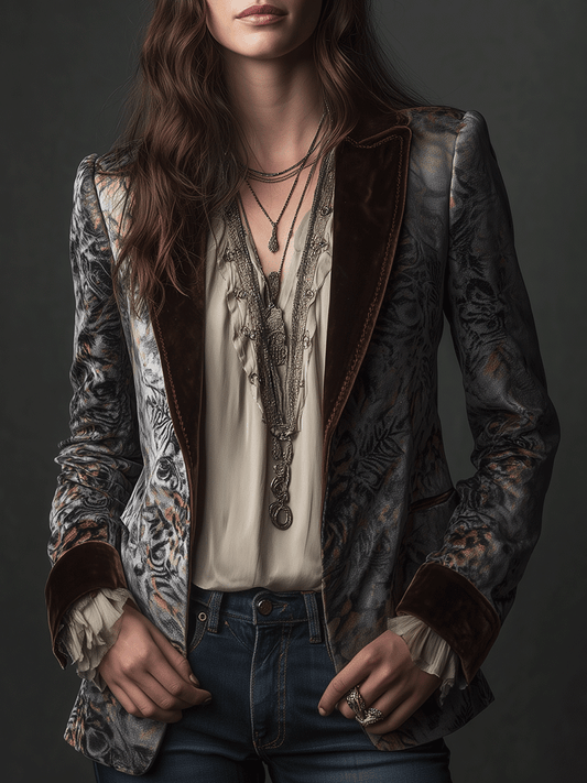 Vintage Silver Baroque Velvet Brown Lapel Blazer