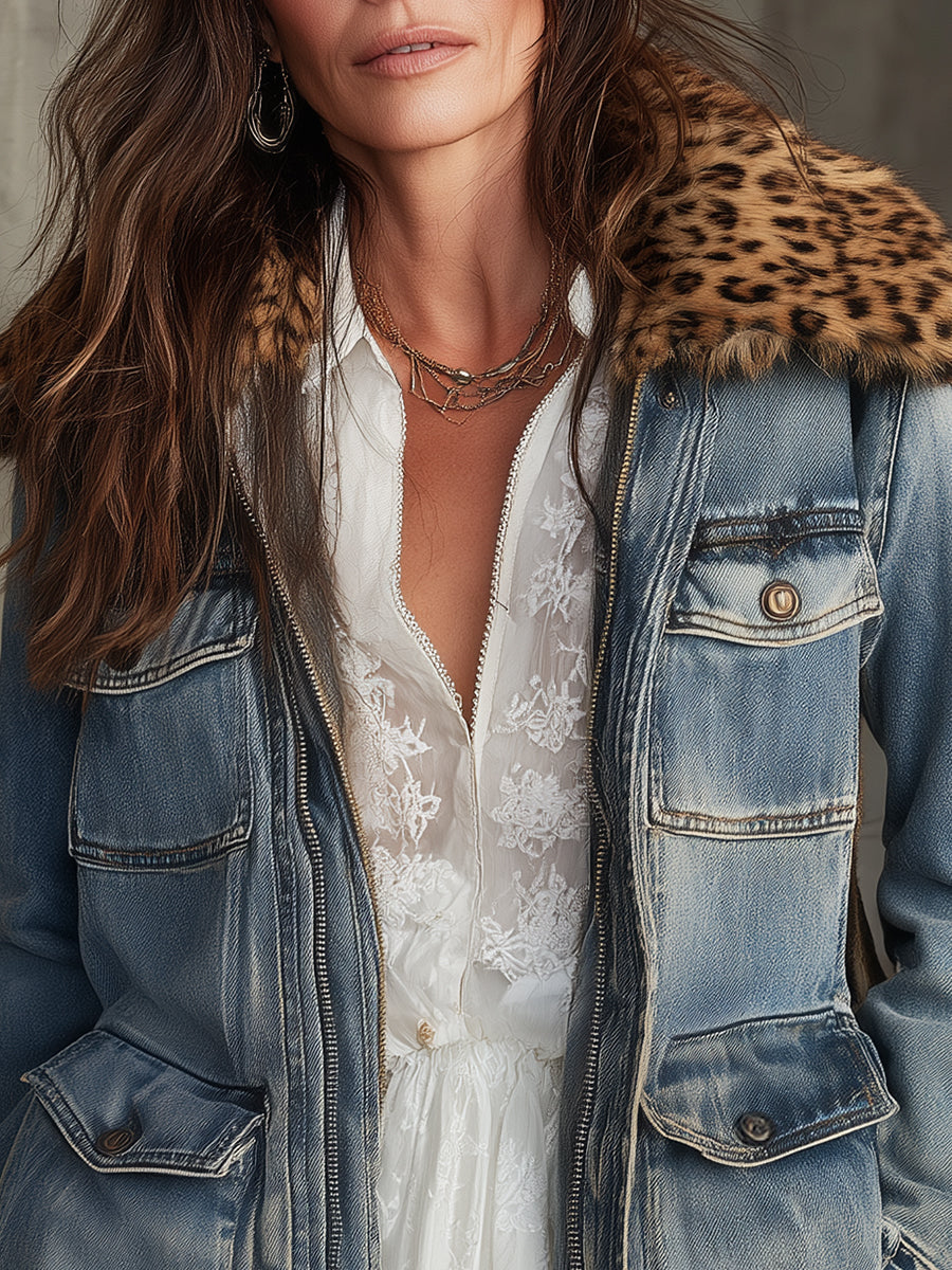 Vintage Washed Detachable Leopard Print Faux Fur Collar Denim Jacket