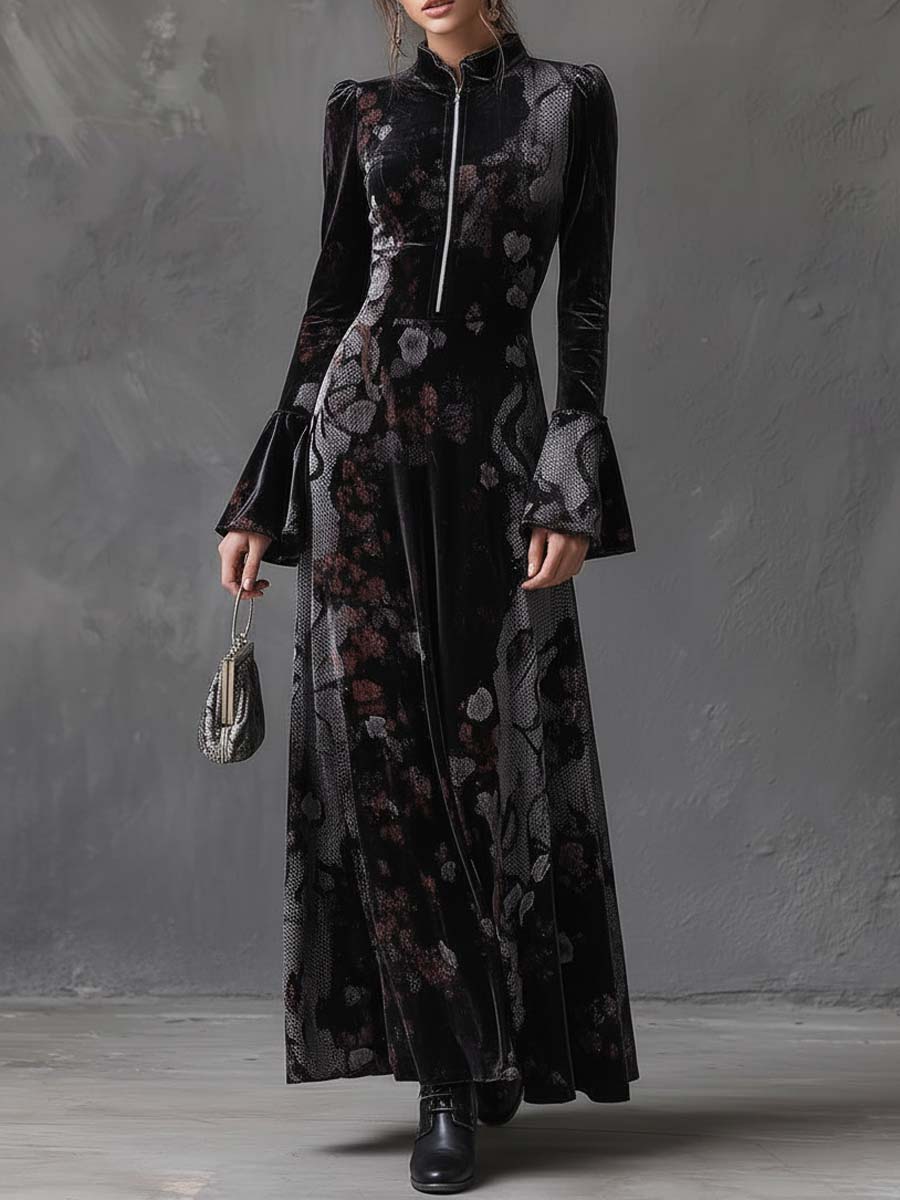 Velvet Maxi Dress With Snake & Floral Print