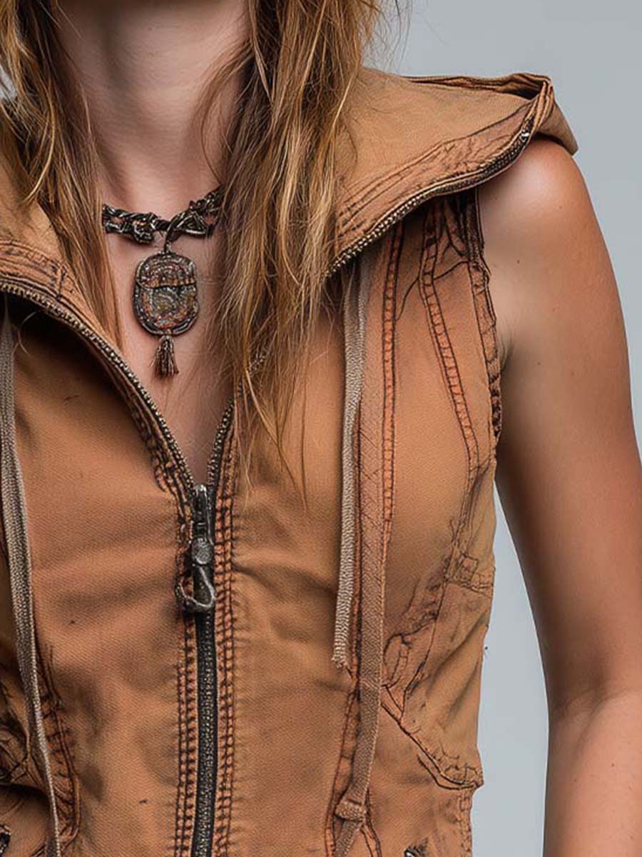 Vintage Washed Utility Style Hoodie Vest