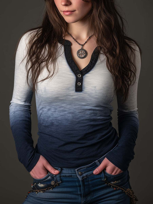 Western Indigo Gradient Henley Shirt