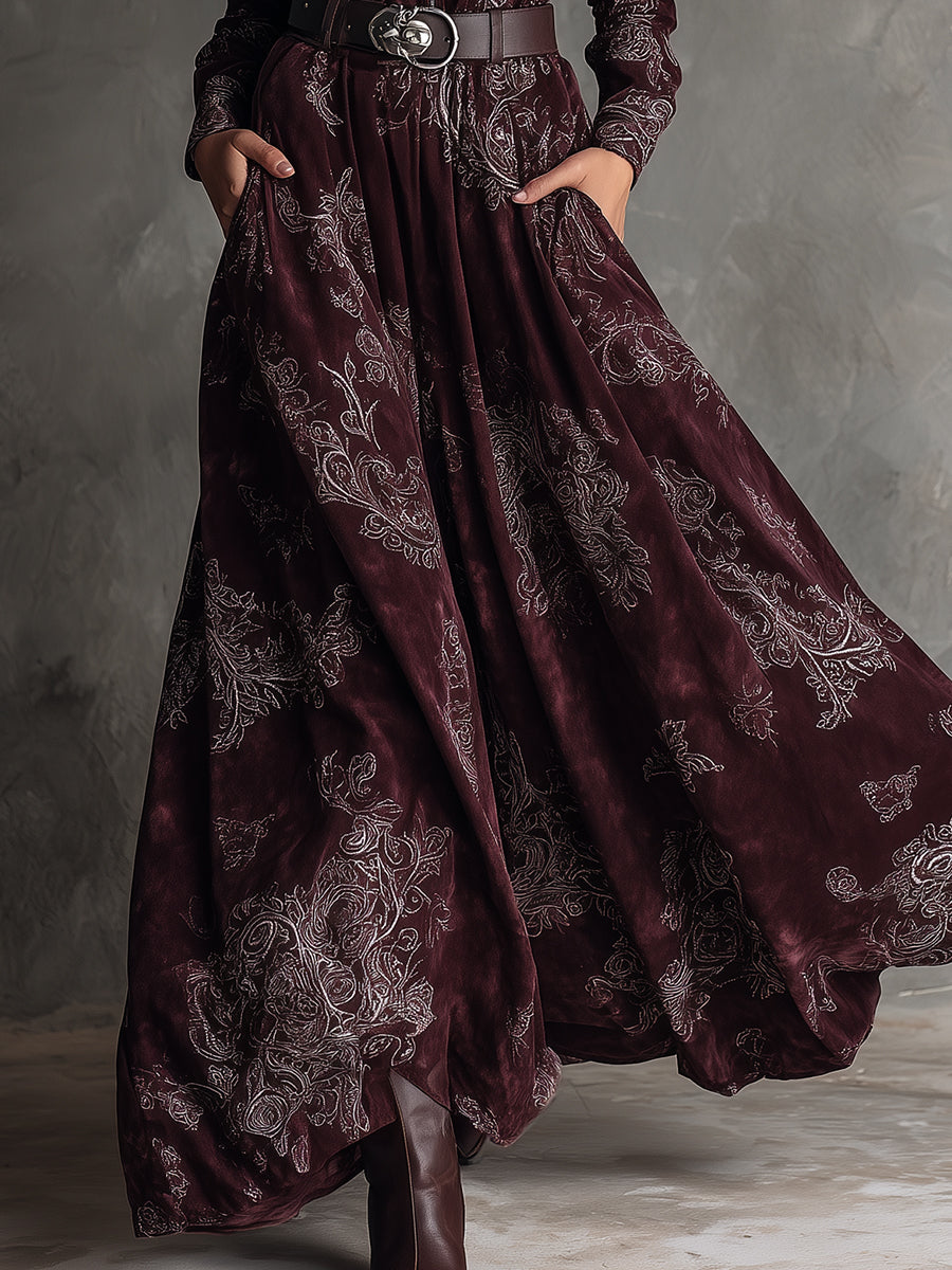 Bohemian Suede Printed Front Zip Maxi Dress