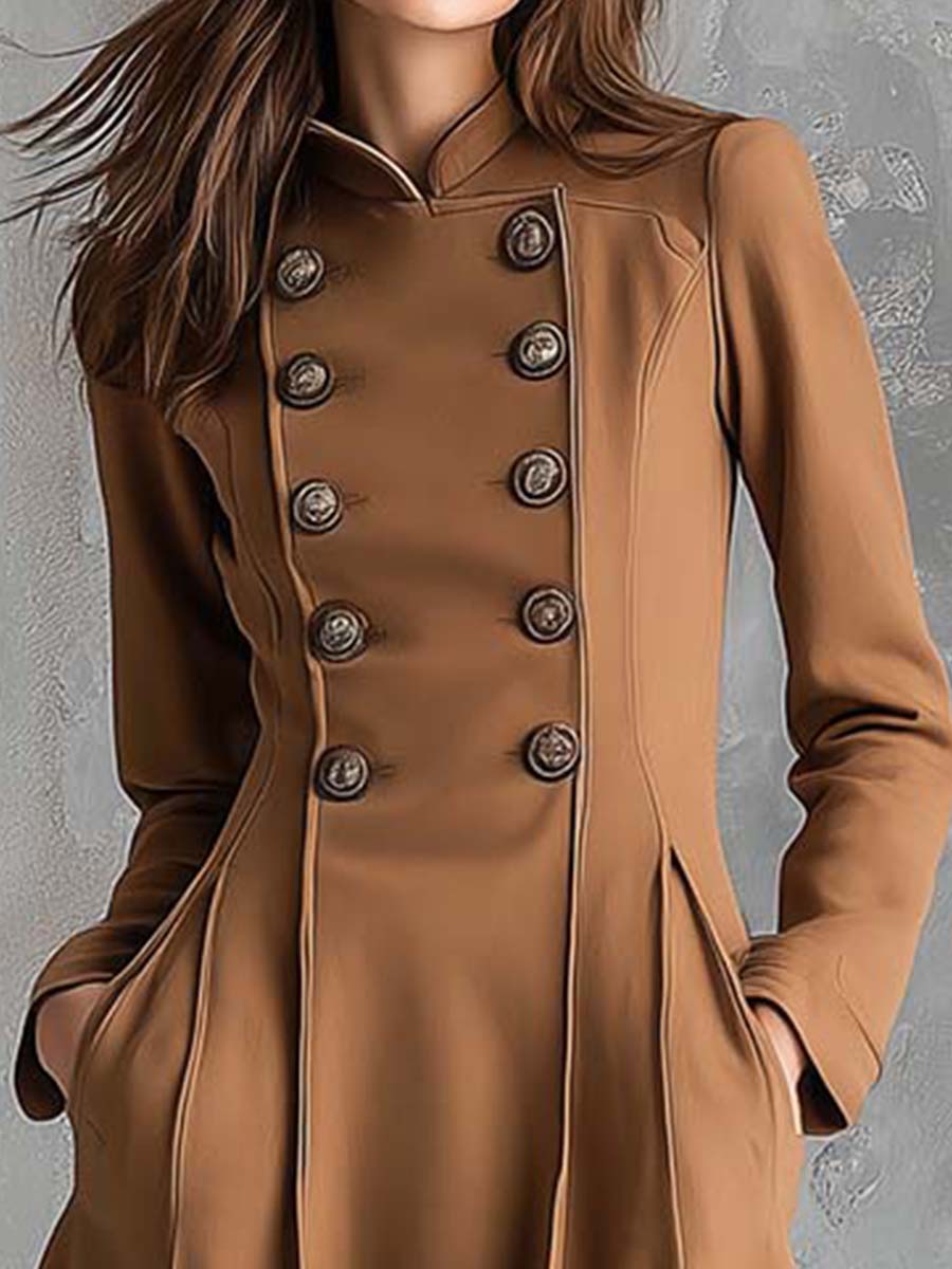 Vintage Camel Double-Breasted Midi Coat Dress