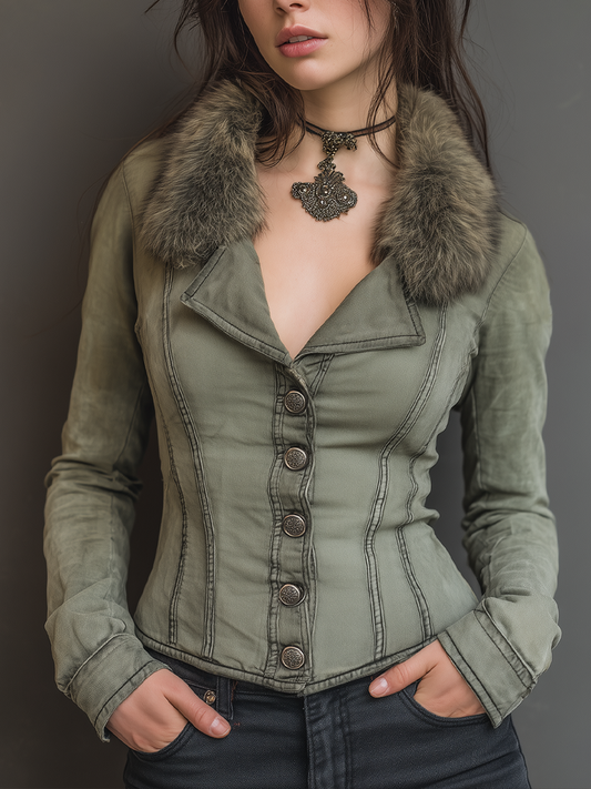 Vintage Eco-friendly Fur Collar Distressed Slim-fit Jacket