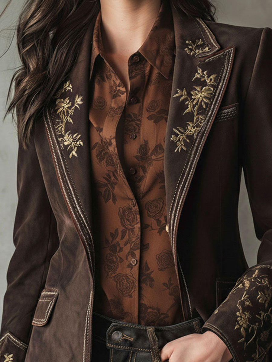 Vintage Floral Embroidered Brown Microsuede Jacket WithStitching