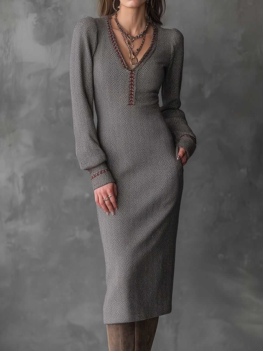 Elegant Bohemian Ash Taupe Sculpted Herringbone Knit Midi Dress