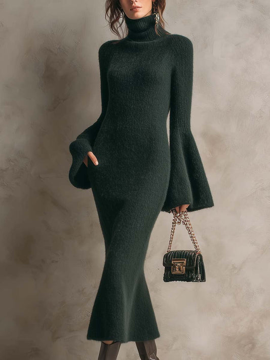 High-Neck Flare-Sleeve Knit Maxi Dress – Deep Forest Green