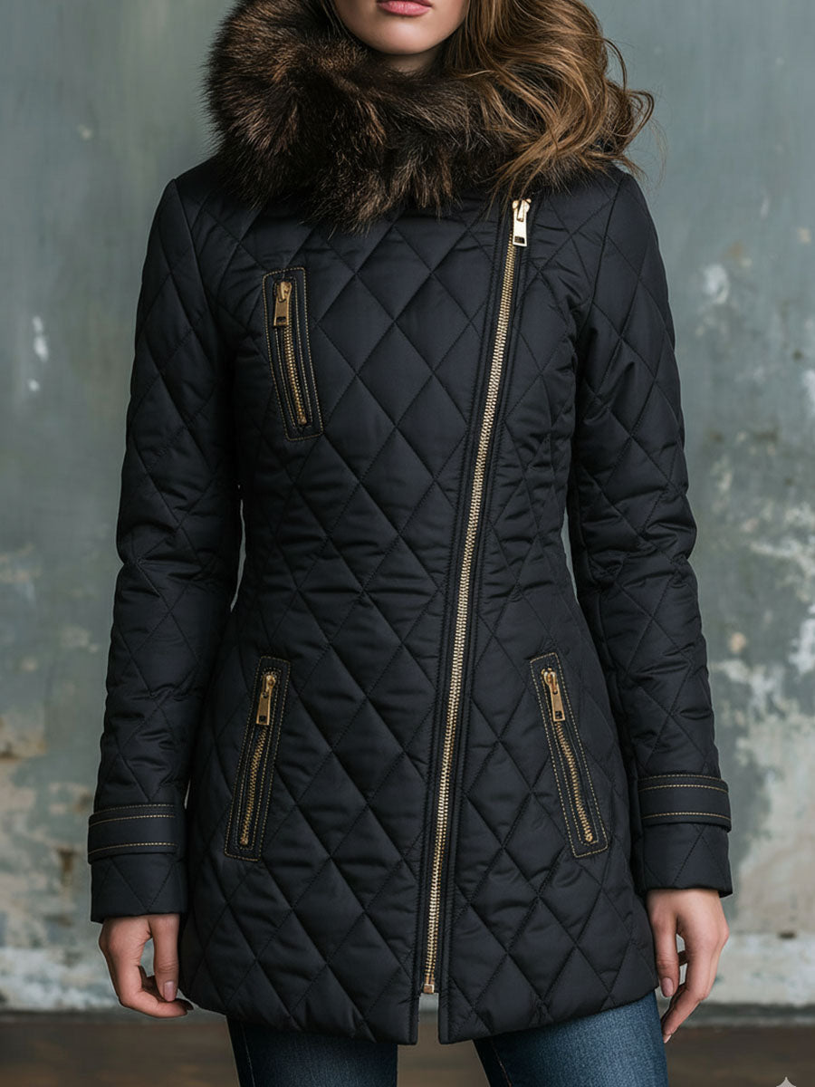 Black Asymmetrical Zip Quilted Jacket With Eco Fur Collar