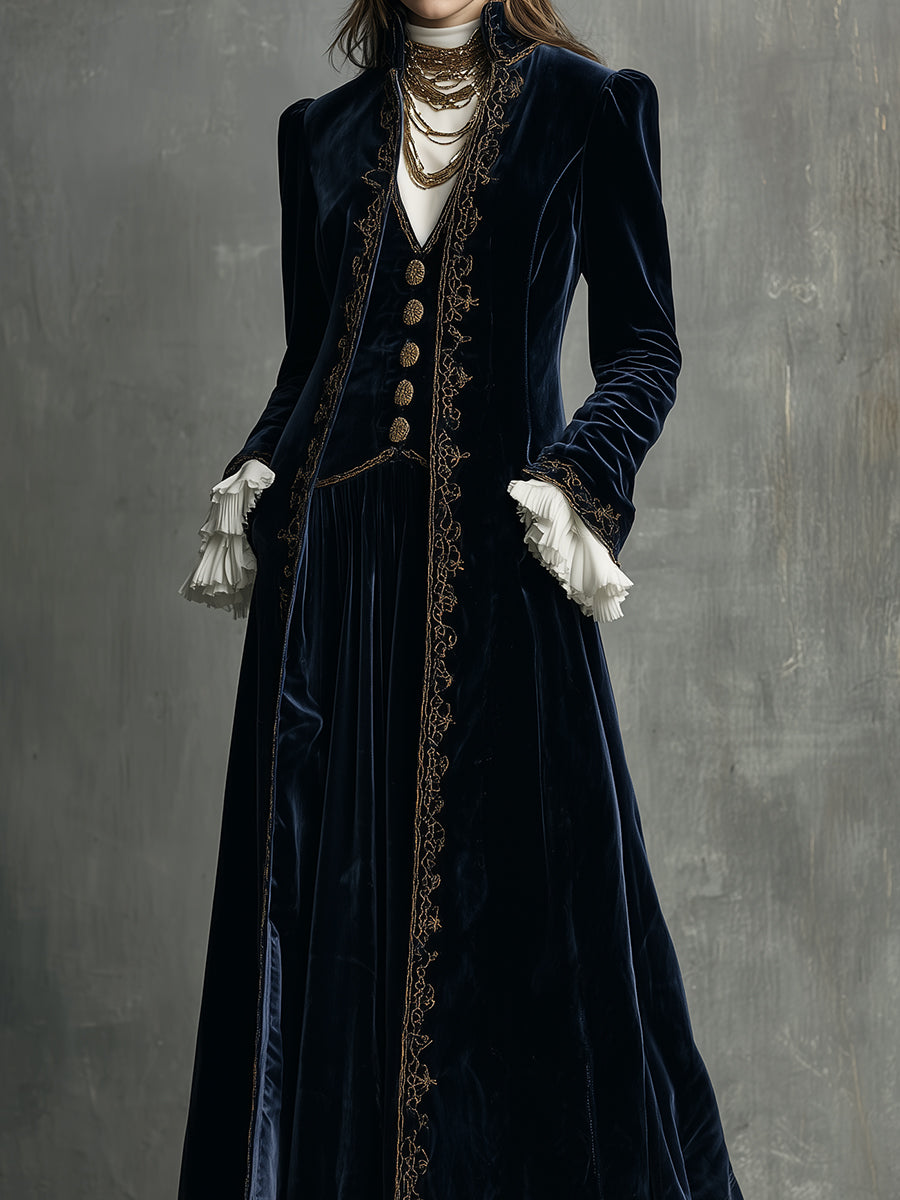 Retro Luxury Polyester Velvet Embroidered A-line Mid-length Coat