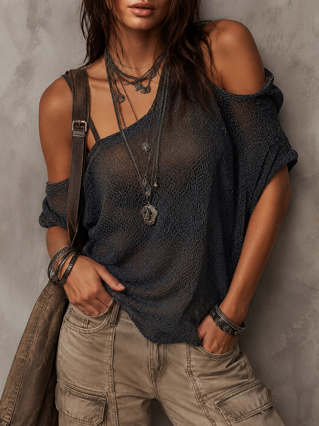 Retro Irregular Shoulder Knit Blouse