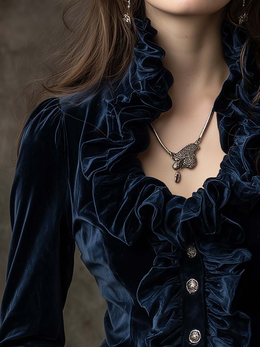Midnight Blue Ruffled Velvet Shirt With Crystal Buttons