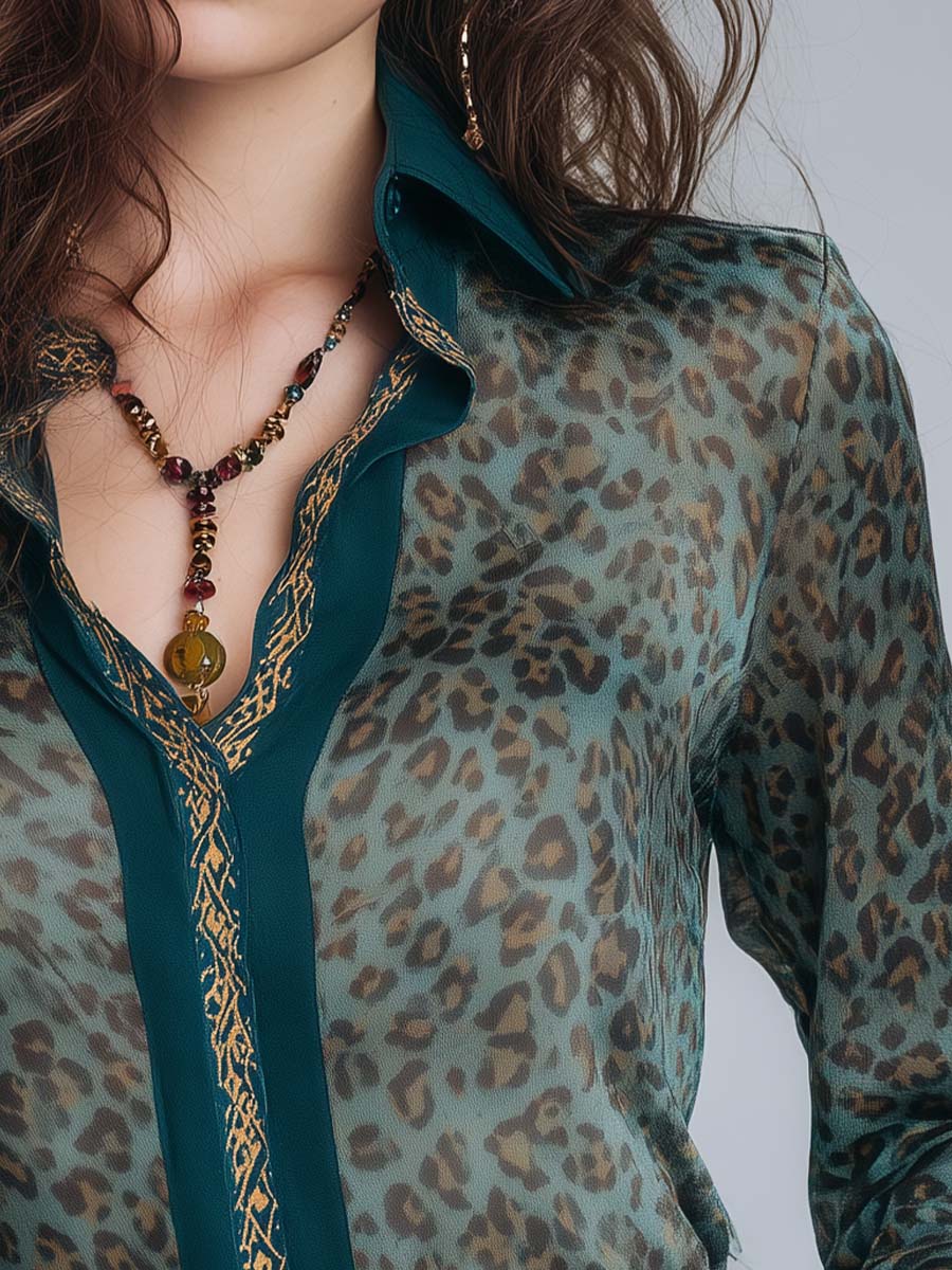 Boho Animal Print Vintage Green Chiffon Shirt